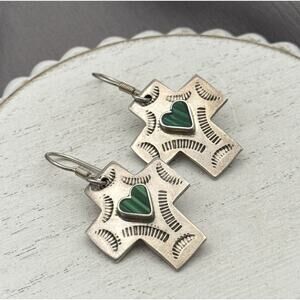 Mexico Sterling Silver Heart Malachite Dangle Cross Earrings 10.8G / 1.4in